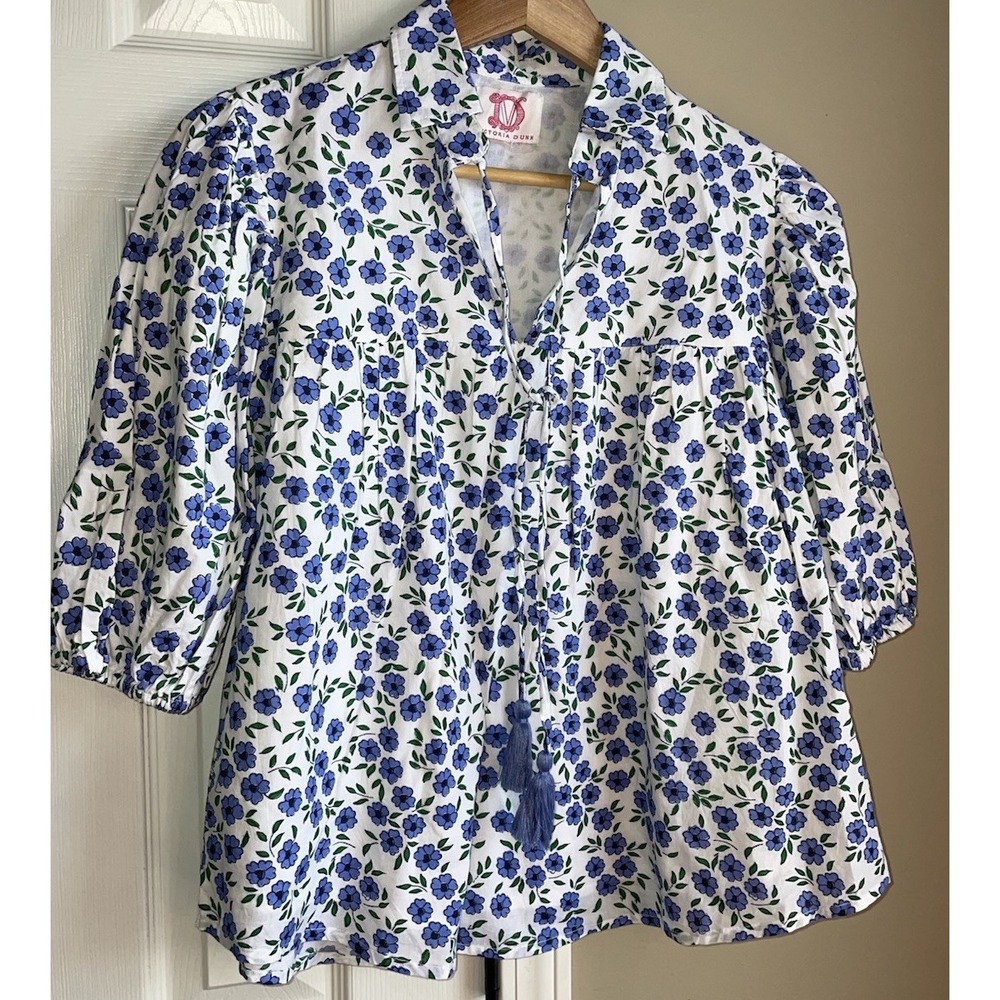 Victoria Dunn White Floral Peasant Blouse with Blue Flowers